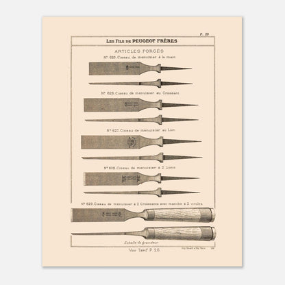 Planche de ciseaux de menuisier forgés - Catalogue Peugeot Frères 1885. Planche d'illustrations du catalogue Peugeot Frères présentant divers modèles de ciseaux de menuisier, numérotés et légendés, avec une échelle. Image d'illustration 4