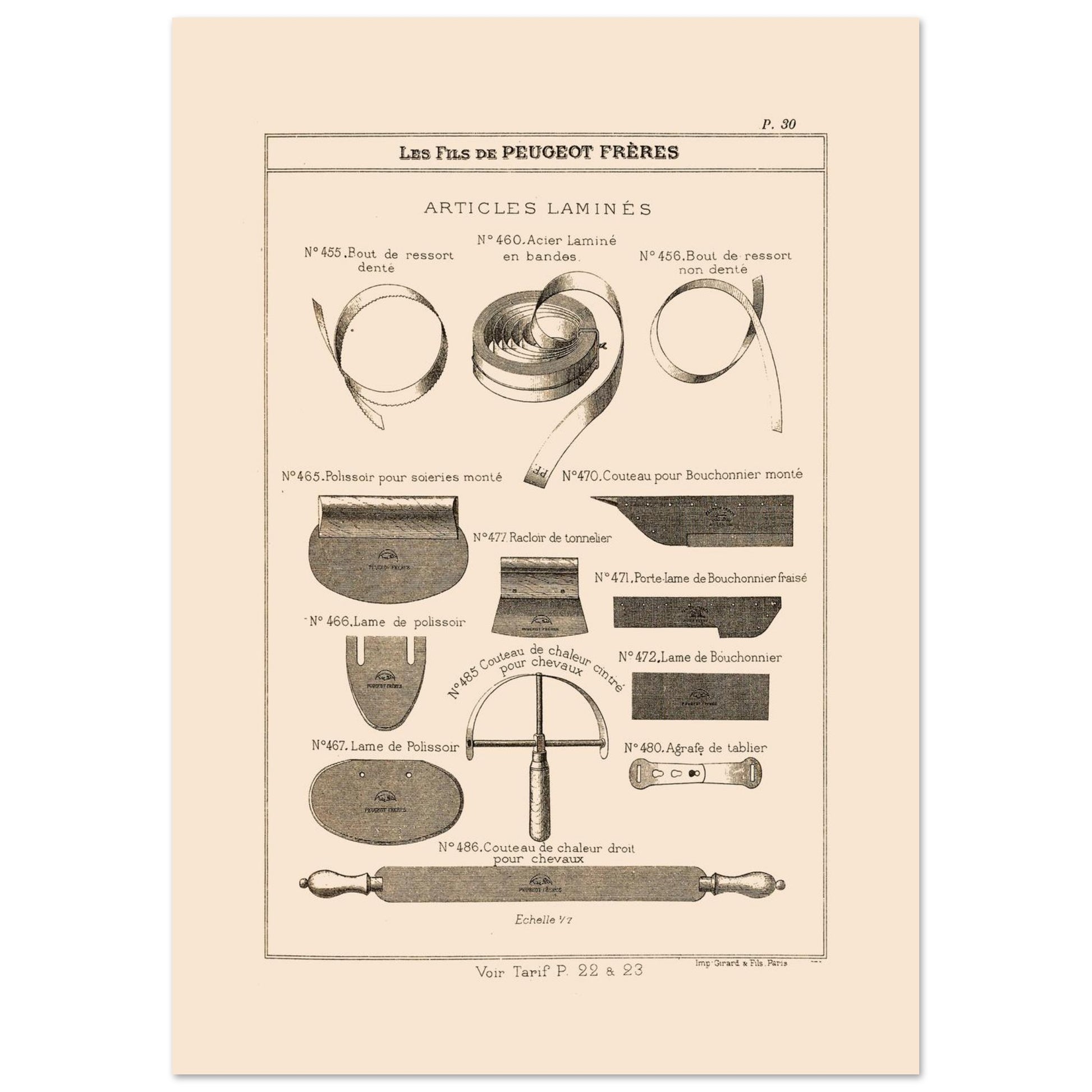 Articles laminés, lames et rubans métalliques - Catalogue Peugeot Frères 1885 (21x29,7 cm (A4)). Planche d'articles laminés, montrant diverses formes de lames, de rubans métalliques et d'outils, provenant du catalogue Peugeot Frères.