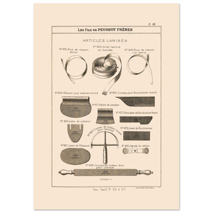 Articles laminés, lames et rubans métalliques - Catalogue Peugeot Frères 1885 (21x29,7 cm (A4)). Planche d'articles laminés, montrant diverses formes de lames, de rubans métalliques et d'outils, provenant du catalogue Peugeot Frères.