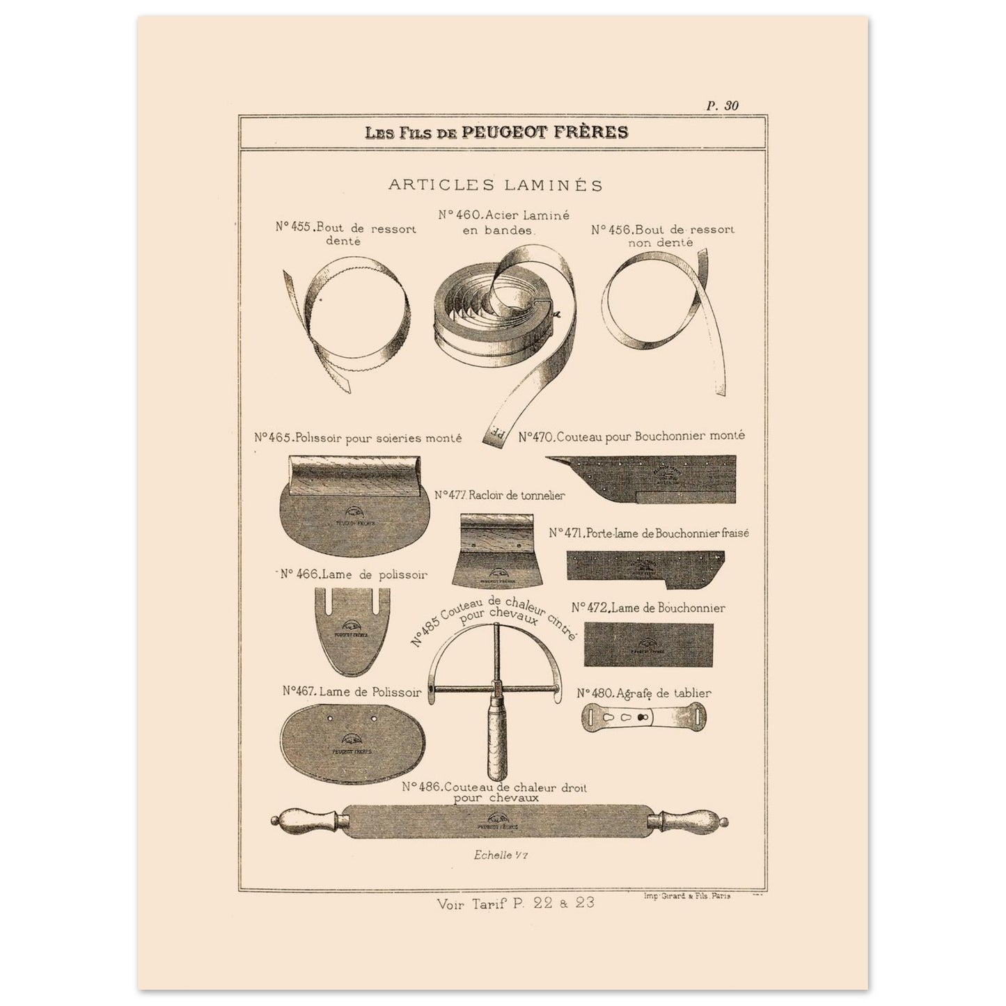 Articles laminés, lames et rubans métalliques - Catalogue Peugeot Frères 1885 (30x40 cm). Planche d'articles laminés, montrant diverses formes de lames, de rubans métalliques et d'outils, provenant du catalogue Peugeot Frères.
