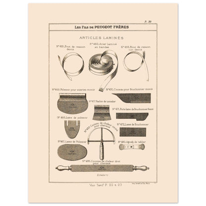 Articles laminés, lames et rubans métalliques - Catalogue Peugeot Frères 1885 (30x40 cm). Planche d'articles laminés, montrant diverses formes de lames, de rubans métalliques et d'outils, provenant du catalogue Peugeot Frères.
