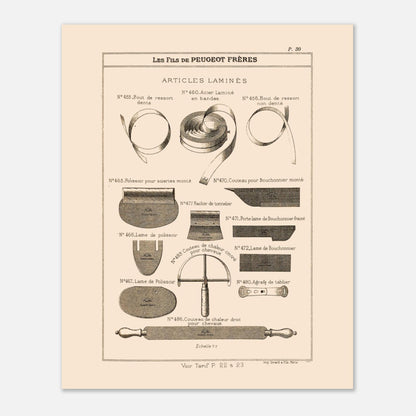 Articles laminés, lames et rubans métalliques - Catalogue Peugeot Frères 1885. Planche d'articles laminés, montrant diverses formes de lames, de rubans métalliques et d'outils, provenant du catalogue Peugeot Frères. Image d'illustration 4