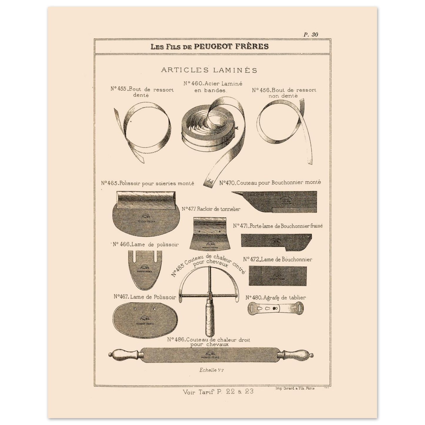 Articles laminés, lames et rubans métalliques - Catalogue Peugeot Frères 1885 (40x50 cm). Planche d'articles laminés, montrant diverses formes de lames, de rubans métalliques et d'outils, provenant du catalogue Peugeot Frères.