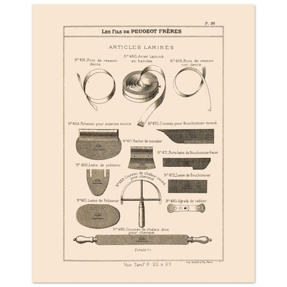 Articles laminés, lames et rubans métalliques - Catalogue Peugeot Frères 1885 (40x50 cm). Planche d'articles laminés, montrant diverses formes de lames, de rubans métalliques et d'outils, provenant du catalogue Peugeot Frères.