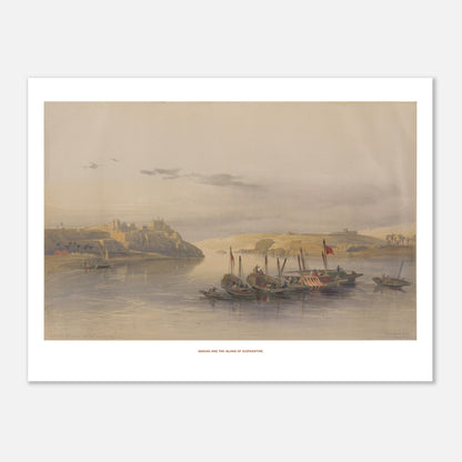Assouan et l’île d’Éléphantine, illustration de David Roberts (30x40 cm). Lithographie ancienne d'Assouan et de l'île d'Éléphantine, montrant le Nil avec des bateaux et des habitations sur les rives escarpées, sous un ciel nuageux.
