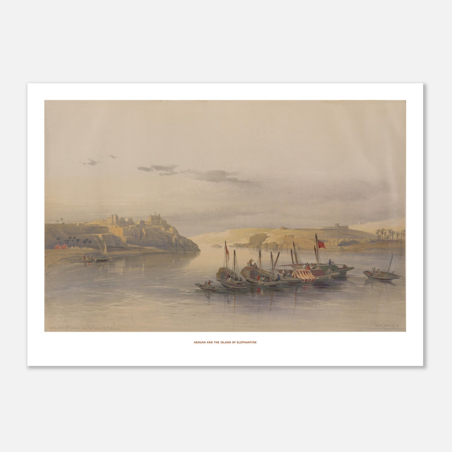 Assouan et l’île d’Éléphantine, illustration de David Roberts (50x70 cm). Lithographie ancienne d'Assouan et de l'île d'Éléphantine, montrant le Nil avec des bateaux et des habitations sur les rives escarpées, sous un ciel nuageux.