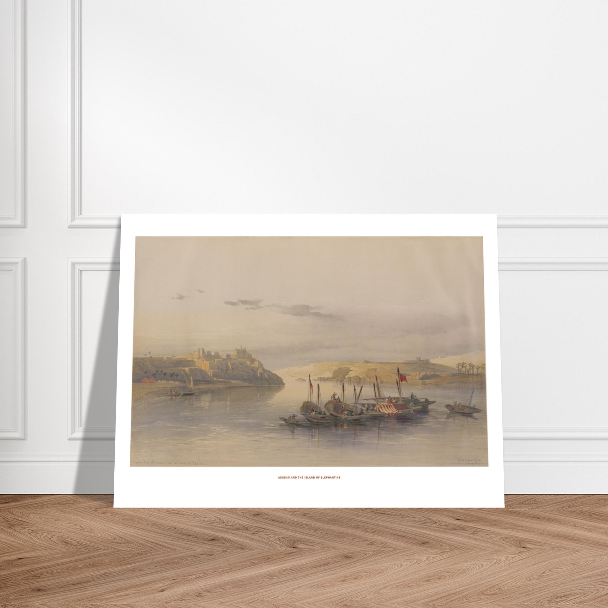 Assouan et l’île d’Éléphantine, illustration de David Roberts. Lithographie ancienne d'Assouan et de l'île d'Éléphantine, montrant le Nil avec des bateaux et des habitations sur les rives escarpées, sous un ciel nuageux. Image d'illustration 6