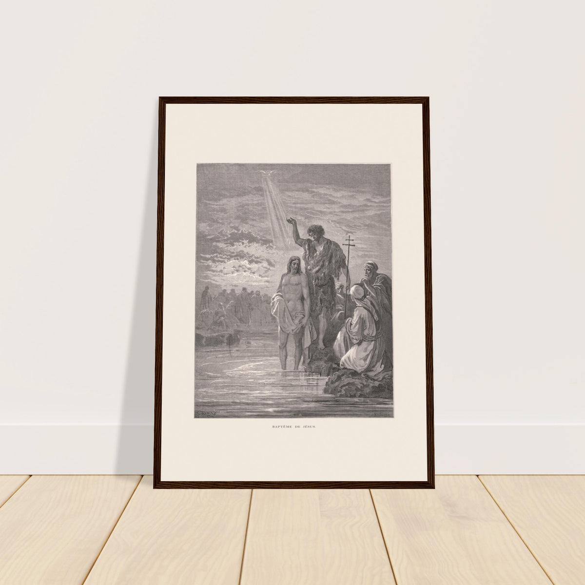 Taufe Jesu im Jordan – Illustration von Gustave Doré. Illustration von Gustave Dore, die die Taufe Jesu durch Johannes den Täufer im Jordan darstellt, mit der Taube des Heiligen Geistes.