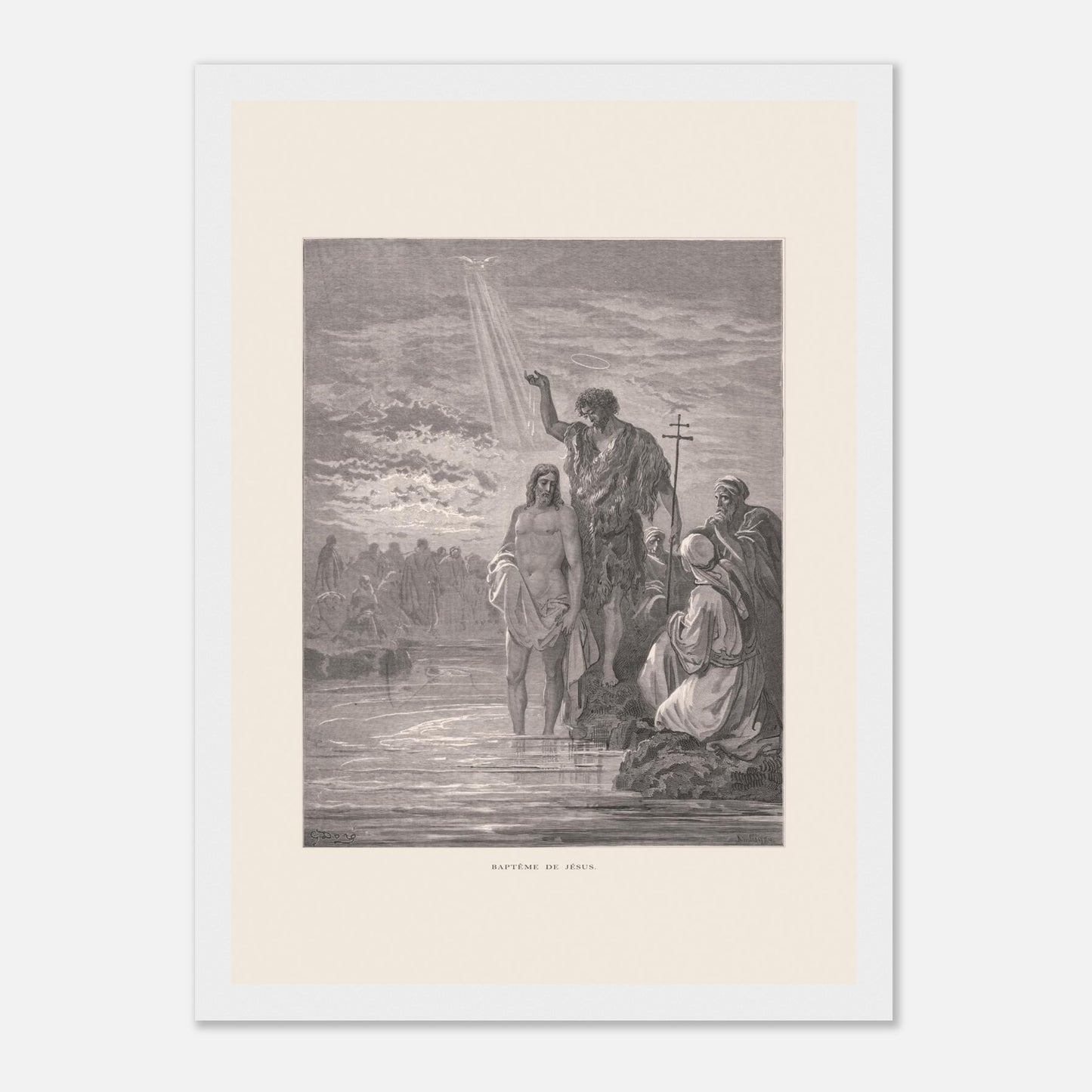 Baptême de Jésus dans le Jourdain – Illustration de Gustave Doré (21x29,7 cm (A4) / Cadre blanc). Illustration de Gustave Doré représentant le baptême de Jésus par Jean-Baptiste dans le Jourdain, avec la colombe du Saint-Esprit.