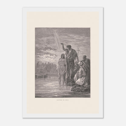Baptême de Jésus dans le Jourdain – Illustration de Gustave Doré (21x29,7 cm (A4) / Cadre blanc). Illustration de Gustave Doré représentant le baptême de Jésus par Jean-Baptiste dans le Jourdain, avec la colombe du Saint-Esprit.