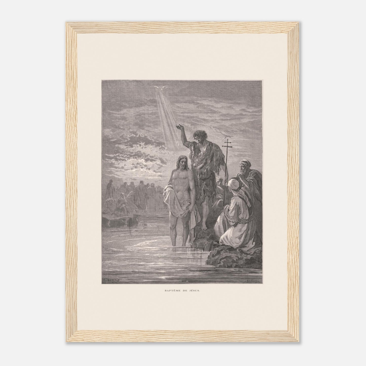 Baptême de Jésus dans le Jourdain – Illustration de Gustave Doré (21x29,7 cm (A4) / Cadre bois clair). Illustration de Gustave Doré représentant le baptême de Jésus par Jean-Baptiste dans le Jourdain, avec la colombe du Saint-Esprit.