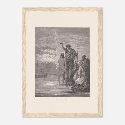 Baptême de Jésus dans le Jourdain – Illustration de Gustave Doré (21x29,7 cm (A4) / Cadre bois clair). Illustration de Gustave Doré représentant le baptême de Jésus par Jean-Baptiste dans le Jourdain, avec la colombe du Saint-Esprit.