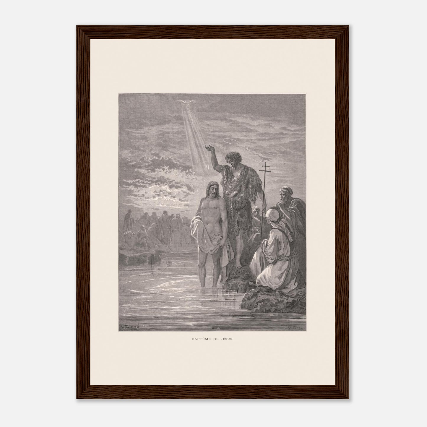 Baptême de Jésus dans le Jourdain – Illustration de Gustave Doré (21x29,7 cm (A4) / Cadre bois foncé). Illustration de Gustave Doré représentant le baptême de Jésus par Jean-Baptiste dans le Jourdain, avec la colombe du Saint-Esprit.