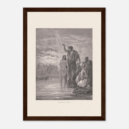 Baptême de Jésus dans le Jourdain – Illustration de Gustave Doré (21x29,7 cm (A4) / Cadre bois foncé). Illustration de Gustave Doré représentant le baptême de Jésus par Jean-Baptiste dans le Jourdain, avec la colombe du Saint-Esprit.