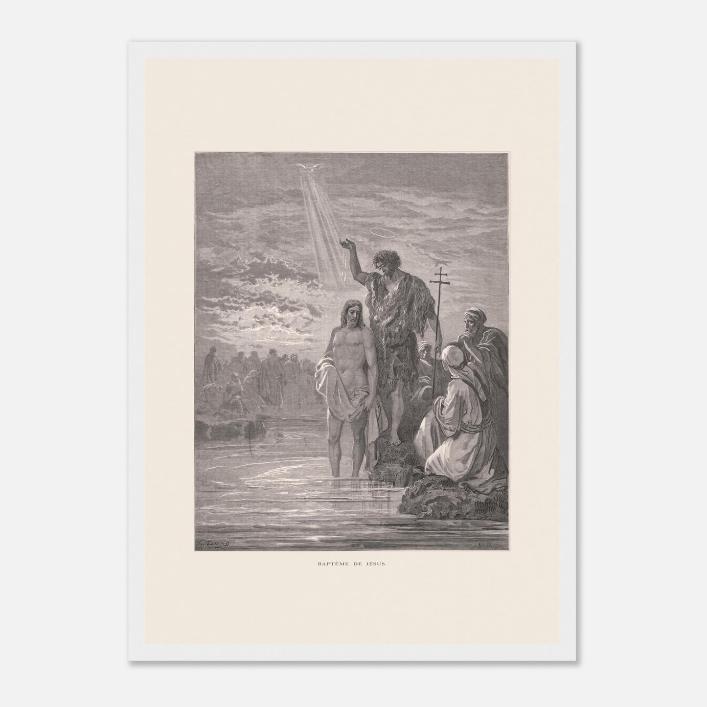 Baptême de Jésus dans le Jourdain – Illustration de Gustave Doré (29,7x42 cm (A3) / Cadre blanc). Illustration de Gustave Doré représentant le baptême de Jésus par Jean-Baptiste dans le Jourdain, avec la colombe du Saint-Esprit.