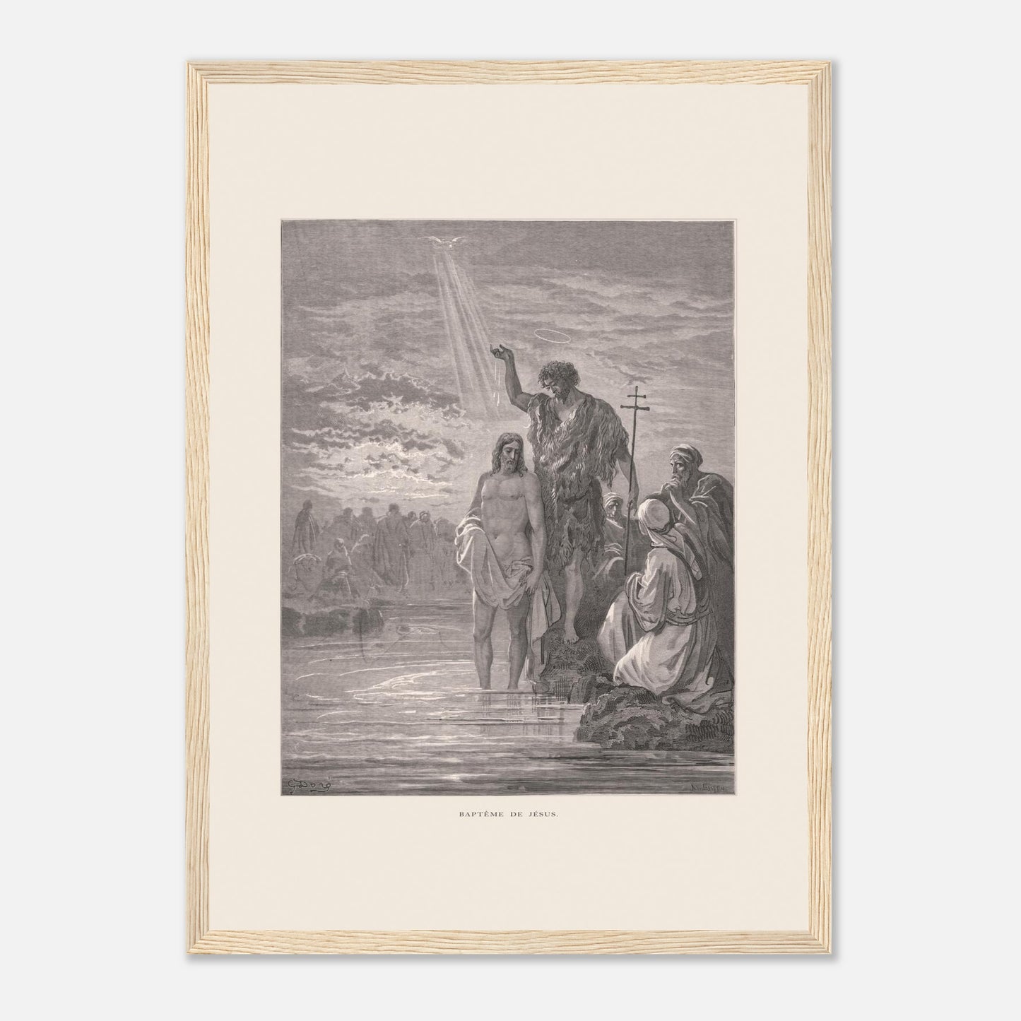 Baptême de Jésus dans le Jourdain – Illustration de Gustave Doré (29,7x42 cm (A3) / Cadre bois clair). Illustration de Gustave Doré représentant le baptême de Jésus par Jean-Baptiste dans le Jourdain, avec la colombe du Saint-Esprit.
