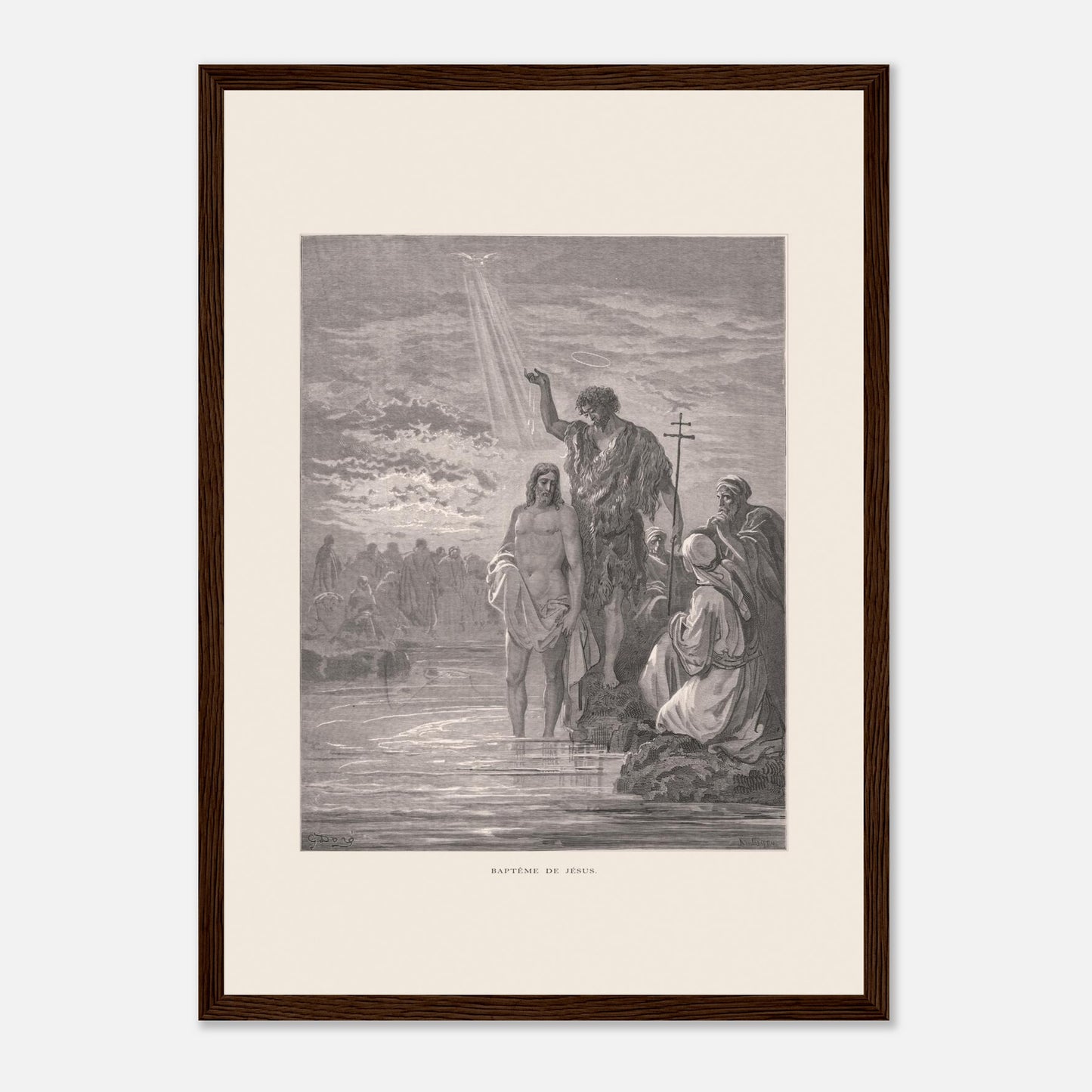 Baptême de Jésus dans le Jourdain – Illustration de Gustave Doré (29,7x42 cm (A3) / Cadre bois foncé). Illustration de Gustave Doré représentant le baptême de Jésus par Jean-Baptiste dans le Jourdain, avec la colombe du Saint-Esprit.
