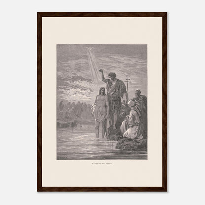 Baptême de Jésus dans le Jourdain – Illustration de Gustave Doré (29,7x42 cm (A3) / Cadre bois foncé). Illustration de Gustave Doré représentant le baptême de Jésus par Jean-Baptiste dans le Jourdain, avec la colombe du Saint-Esprit.
