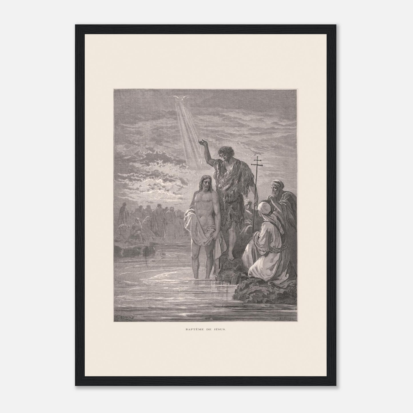 Baptême de Jésus dans le Jourdain – Illustration de Gustave Doré (29,7x42 cm (A3) / Cadre noir). Illustration de Gustave Doré représentant le baptême de Jésus par Jean-Baptiste dans le Jourdain, avec la colombe du Saint-Esprit.