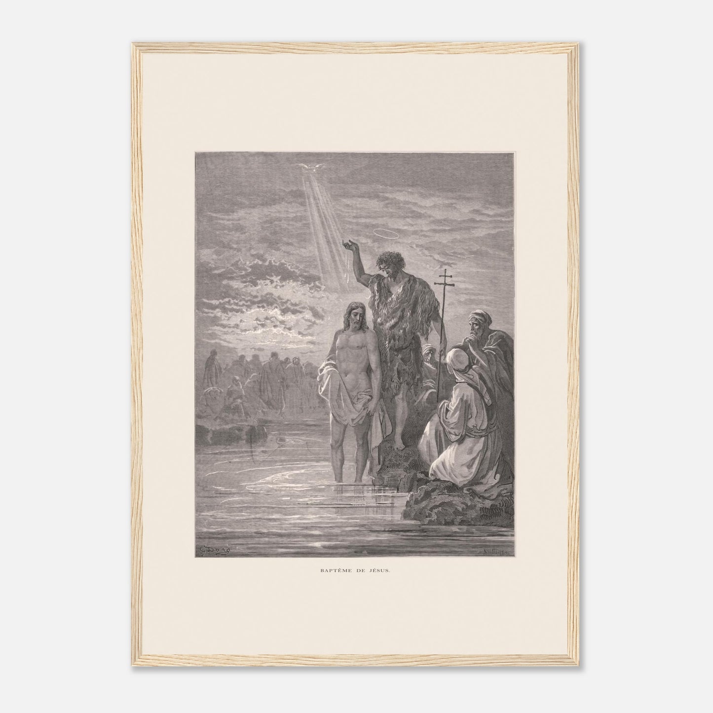 Baptême de Jésus dans le Jourdain – Illustration de Gustave Doré (42x59,4 cm (A2) / Cadre bois clair). Illustration de Gustave Doré représentant le baptême de Jésus par Jean-Baptiste dans le Jourdain, avec la colombe du Saint-Esprit.