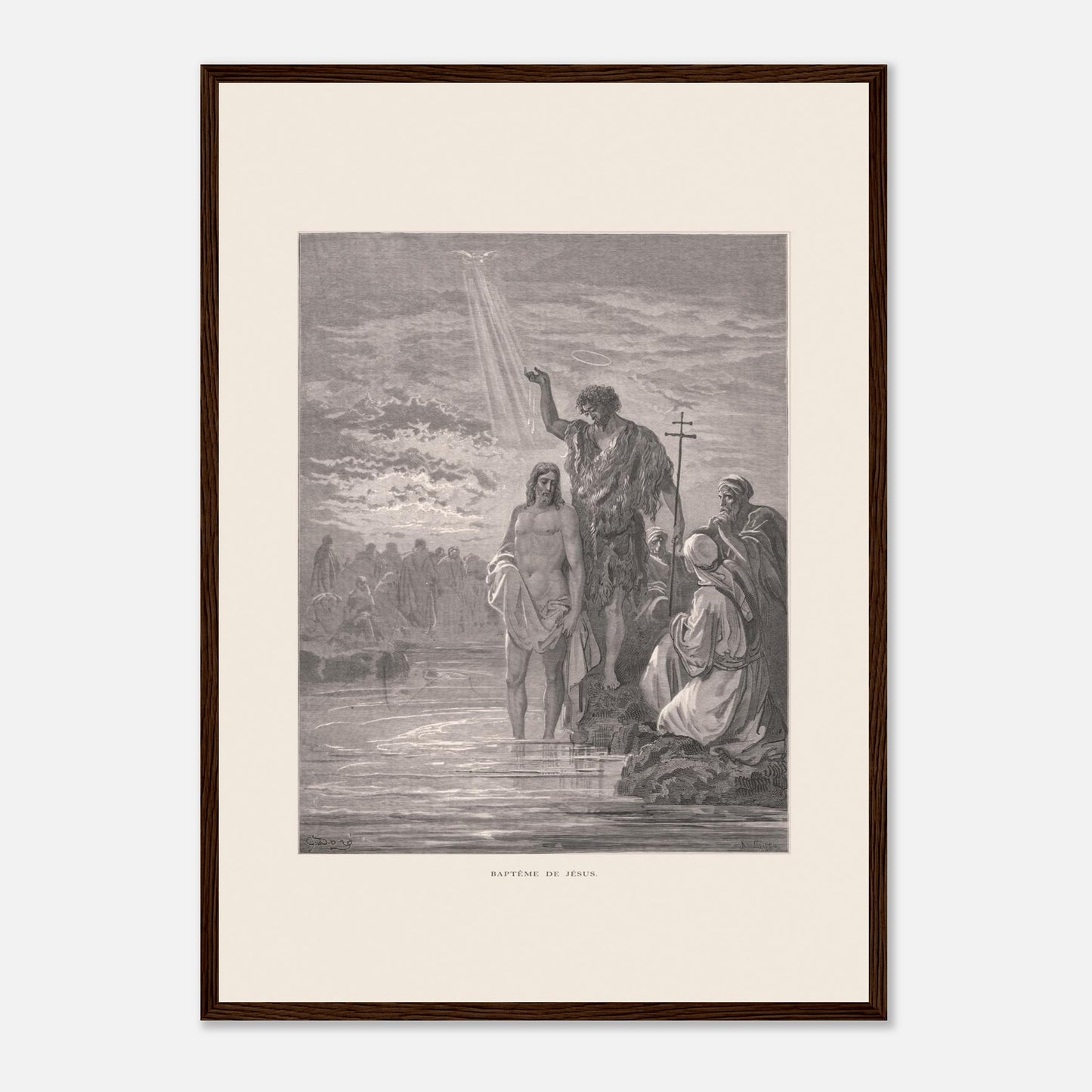 Baptême de Jésus dans le Jourdain – Illustration de Gustave Doré (42x59,4 cm (A2) / Cadre bois foncé). Illustration de Gustave Doré représentant le baptême de Jésus par Jean-Baptiste dans le Jourdain, avec la colombe du Saint-Esprit.