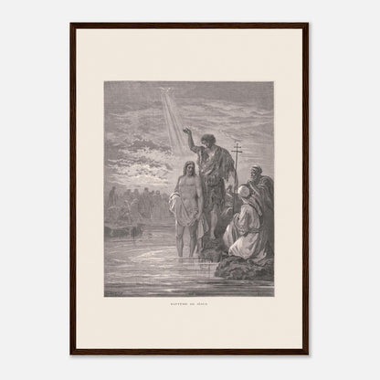 Baptême de Jésus dans le Jourdain – Illustration de Gustave Doré (42x59,4 cm (A2) / Cadre bois foncé). Illustration de Gustave Doré représentant le baptême de Jésus par Jean-Baptiste dans le Jourdain, avec la colombe du Saint-Esprit.