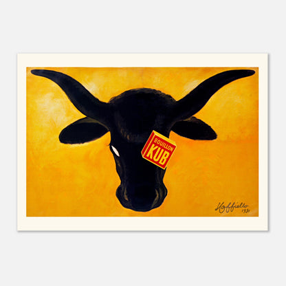 Affiche Bouillon Kub par Leonetto Cappiello (21x29,7 cm (A4)). Une affiche publicitaire iconique du Bouillon Kub, représentant la tête d'un taureau noir avec une étiquette rouge "Bouillon KUB" sur le front, sur un fond jaune.