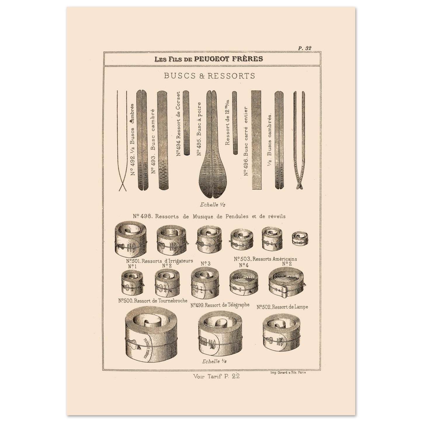 Planche de buscs et ressorts industriels — Catalogue Peugeot Frères 1885 (21x29,7 cm (A4)). Gravure ancienne du catalogue Peugeot Frères (1885) présentant divers types de buscs et de ressorts.