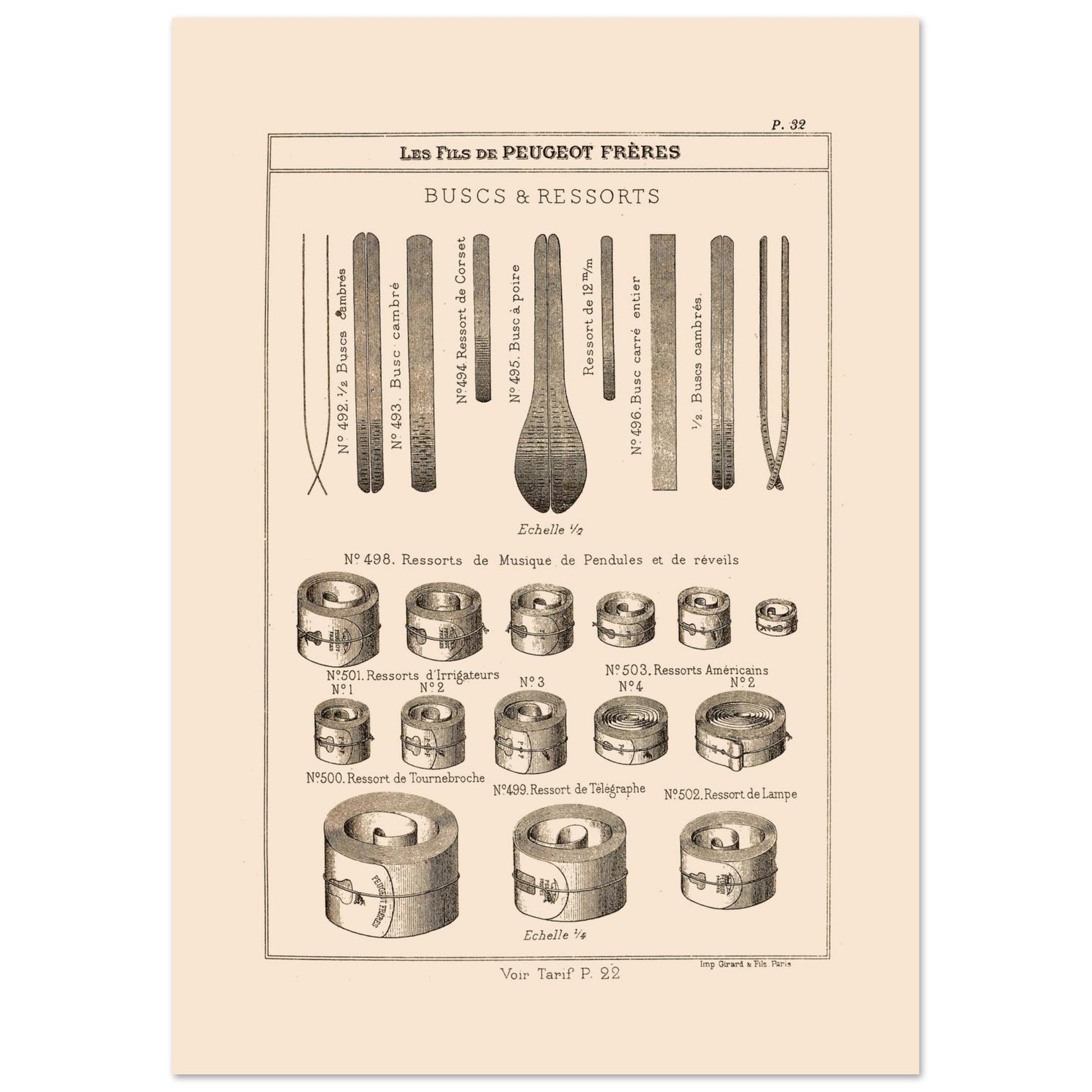 Planche de buscs et ressorts industriels — Catalogue Peugeot Frères 1885 (21x29,7 cm (A4)). Gravure ancienne du catalogue Peugeot Frères (1885) présentant divers types de buscs et de ressorts.
