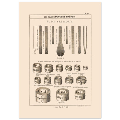 Planche de buscs et ressorts industriels — Catalogue Peugeot Frères 1885 (21x29,7 cm (A4)). Gravure ancienne du catalogue Peugeot Frères (1885) présentant divers types de buscs et de ressorts.