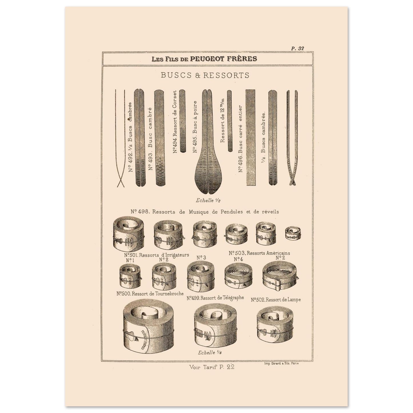 Planche de buscs et ressorts industriels — Catalogue Peugeot Frères 1885 (29,7x42 cm (A3)). Gravure ancienne du catalogue Peugeot Frères (1885) présentant divers types de buscs et de ressorts.