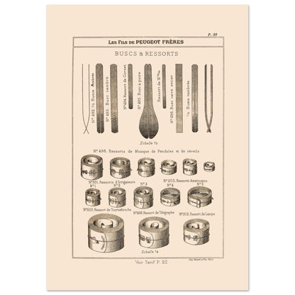 Planche de buscs et ressorts industriels — Catalogue Peugeot Frères 1885 (29,7x42 cm (A3)). Gravure ancienne du catalogue Peugeot Frères (1885) présentant divers types de buscs et de ressorts.