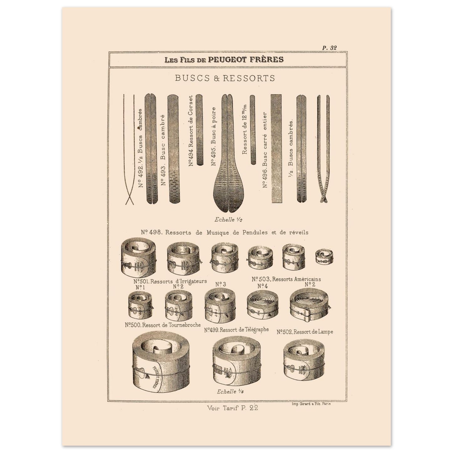 Planche de buscs et ressorts industriels — Catalogue Peugeot Frères 1885 (30x40 cm). Gravure ancienne du catalogue Peugeot Frères (1885) présentant divers types de buscs et de ressorts.