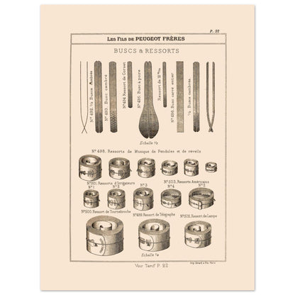 Planche de buscs et ressorts industriels — Catalogue Peugeot Frères 1885 (30x40 cm). Gravure ancienne du catalogue Peugeot Frères (1885) présentant divers types de buscs et de ressorts.