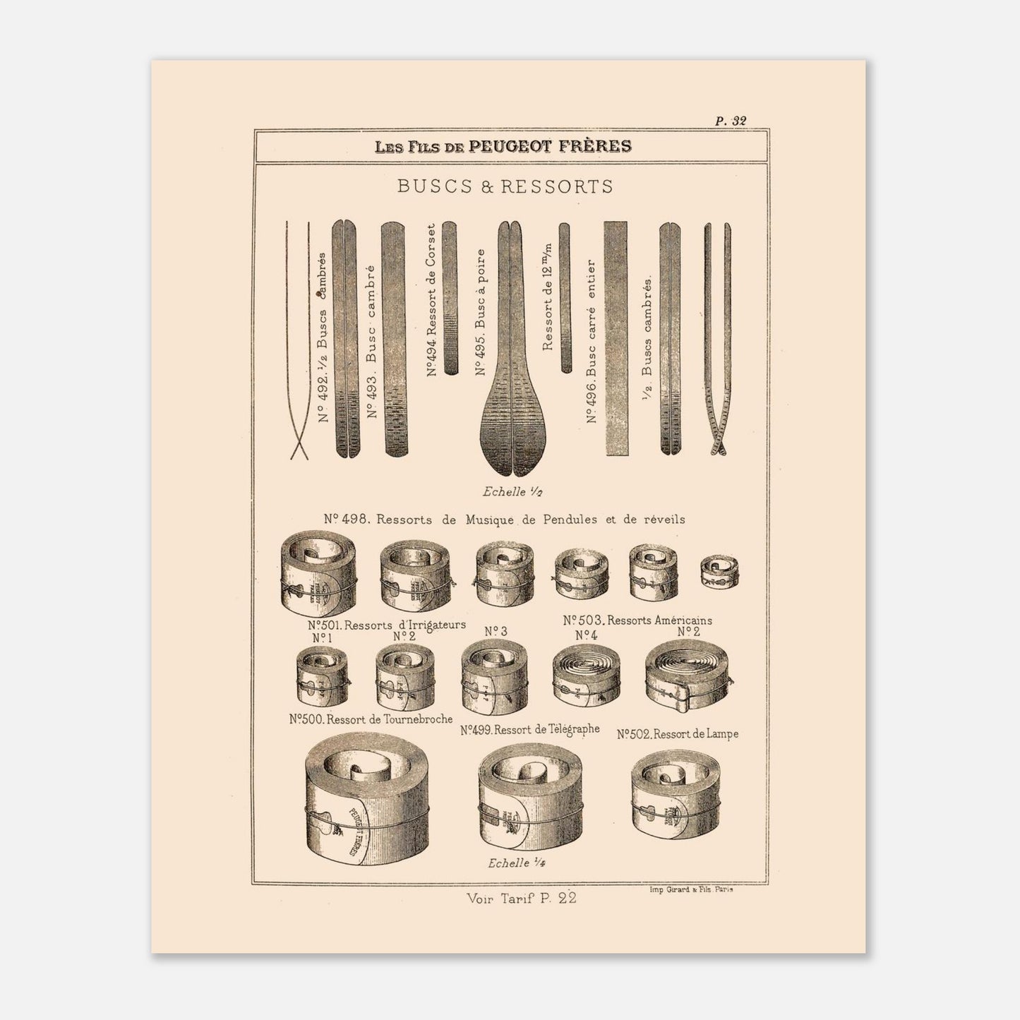 Planche de buscs et ressorts industriels — Catalogue Peugeot Frères 1885. Gravure ancienne du catalogue Peugeot Frères (1885) présentant divers types de buscs et de ressorts. Image d'illustration 4