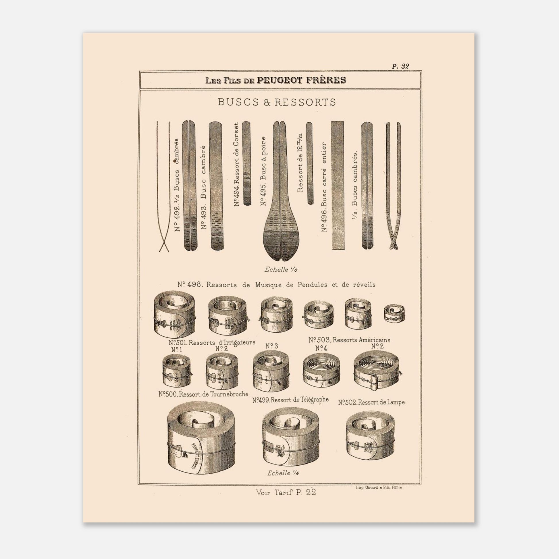 Planche de buscs et ressorts industriels — Catalogue Peugeot Frères 1885. Gravure ancienne du catalogue Peugeot Frères (1885) présentant divers types de buscs et de ressorts. Image d'illustration 4