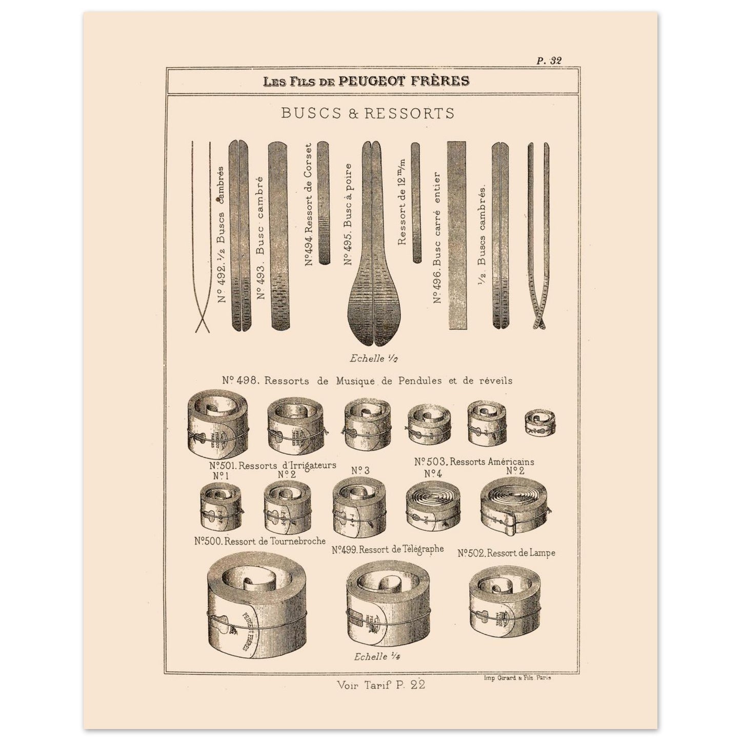 Planche de buscs et ressorts industriels — Catalogue Peugeot Frères 1885 (40x50 cm). Gravure ancienne du catalogue Peugeot Frères (1885) présentant divers types de buscs et de ressorts.