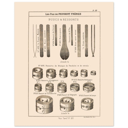 Planche de buscs et ressorts industriels — Catalogue Peugeot Frères 1885 (40x50 cm). Gravure ancienne du catalogue Peugeot Frères (1885) présentant divers types de buscs et de ressorts.
