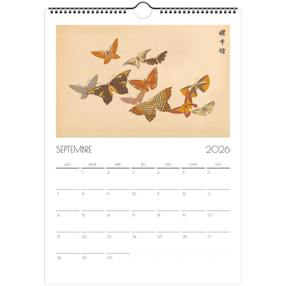Calendrier 2026 : Mille variétés de papillons par Kamisaka Sekka. Calendrier de 2026 avec une reproduction d'estampes japonaises montrant une multitude de papillons colorés sur fond beige. Image d'illustration 1