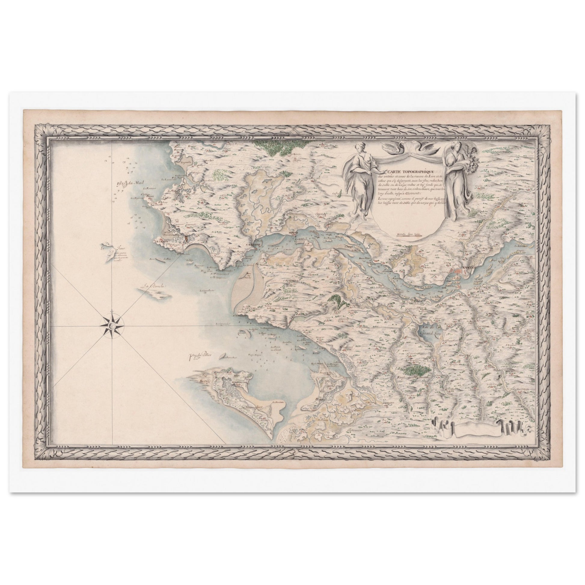 Planche ancienne : Carte du cours de la Loire, des entrées à Clermont. Carte topographique ancienne montrant les entrées et le cours de la rivière de Loire et de ses affluents jusqu'à Clermont, par Louis-Nicolas de Clerville (1780). Image d'illustration 3