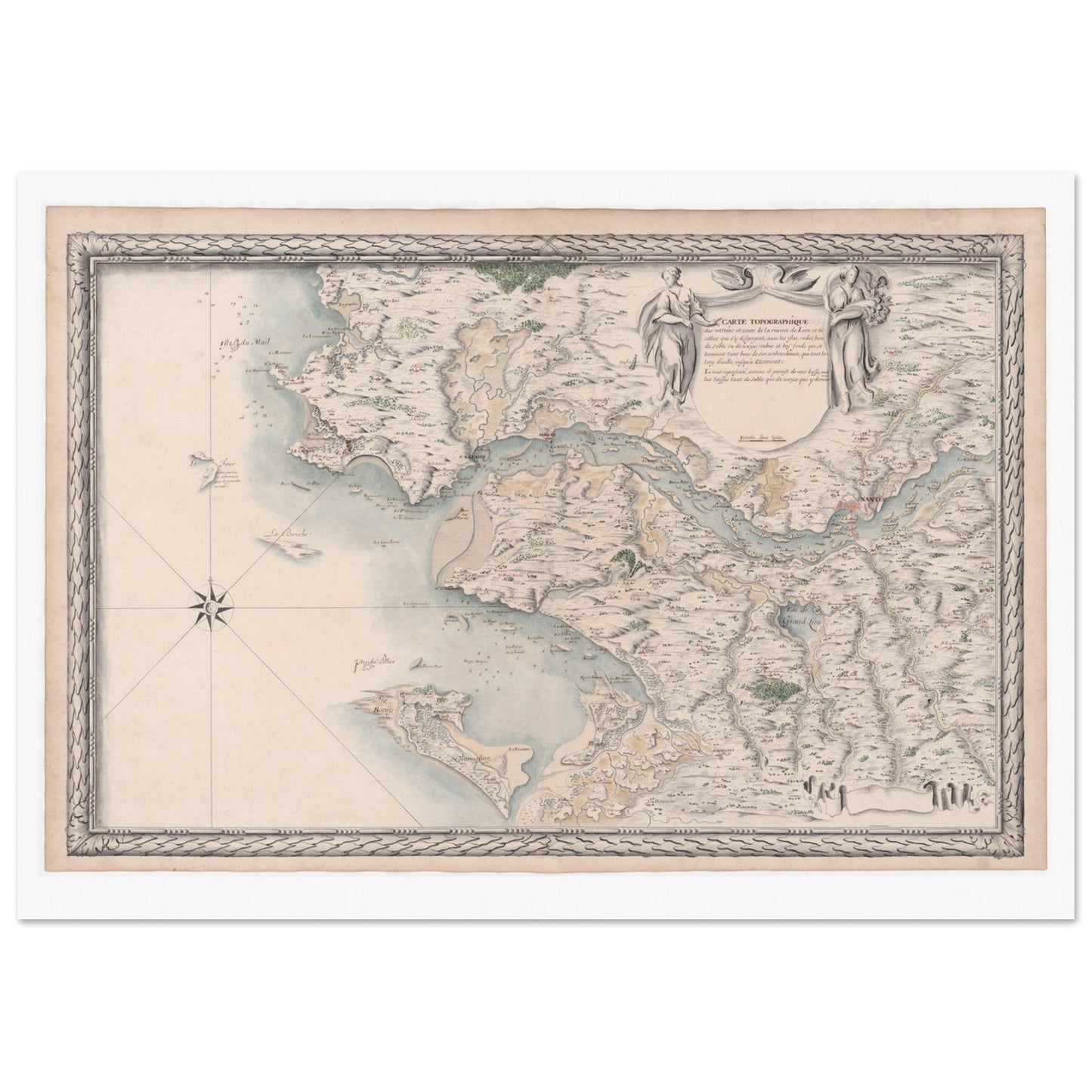 Planche ancienne : Carte du cours de la Loire, des entrées à Clermont. Carte topographique ancienne montrant les entrées et le cours de la rivière de Loire et de ses affluents jusqu'à Clermont, par Louis-Nicolas de Clerville (1780). Image d'illustration 4