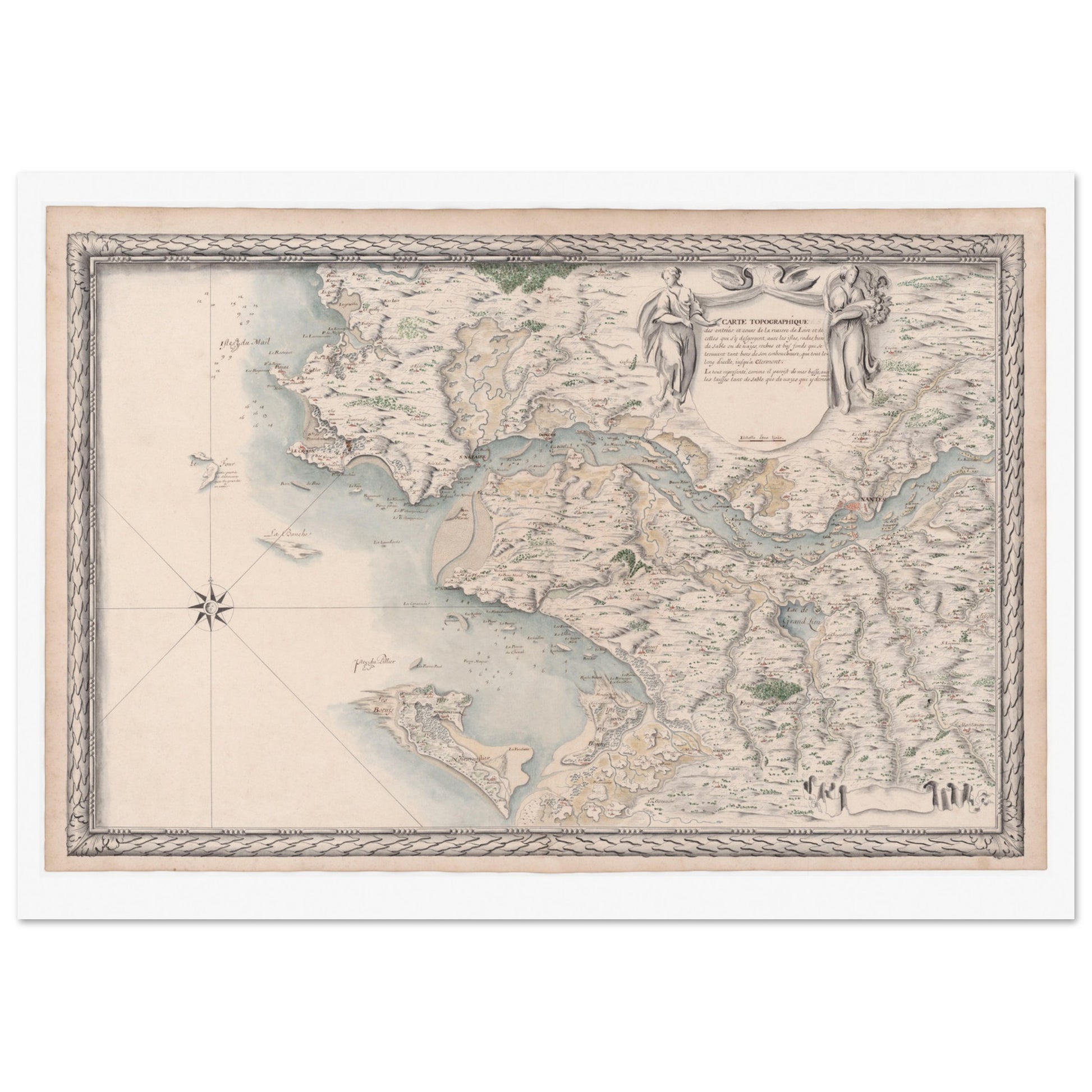 Planche ancienne : Carte du cours de la Loire, des entrées à Clermont. Carte topographique ancienne montrant les entrées et le cours de la rivière de Loire et de ses affluents jusqu'à Clermont, par Louis-Nicolas de Clerville (1780). Image d'illustration 4