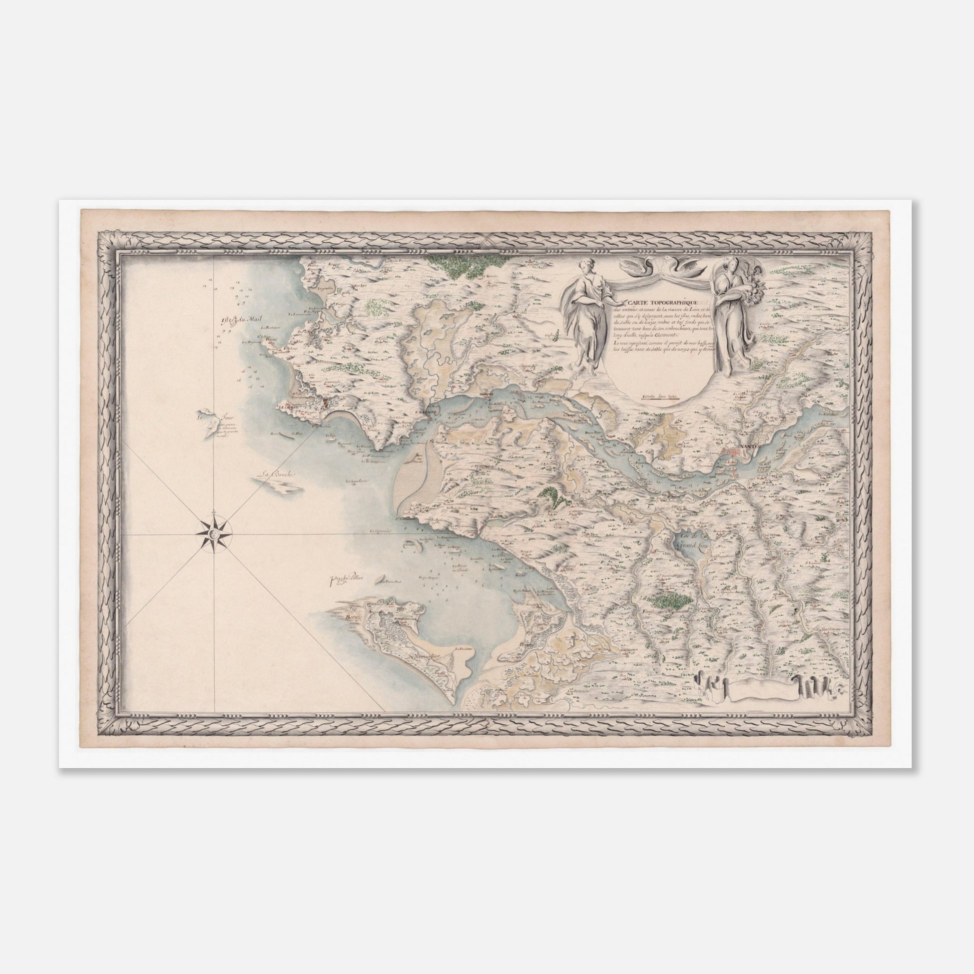 Planche ancienne : Carte du cours de la Loire, des entrées à Clermont (40x60 cm). Carte topographique ancienne montrant les entrées et le cours de la rivière de Loire et de ses affluents jusqu'à Clermont, par Louis-Nicolas de Clerville (1780).