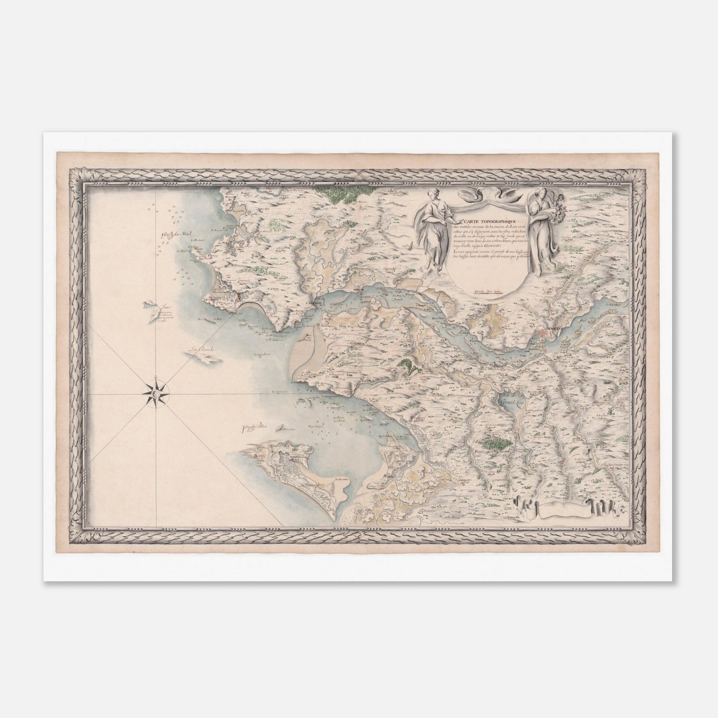 Planche ancienne : Carte du cours de la Loire, des entrées à Clermont (50x70 cm). Carte topographique ancienne montrant les entrées et le cours de la rivière de Loire et de ses affluents jusqu'à Clermont, par Louis-Nicolas de Clerville (1780).