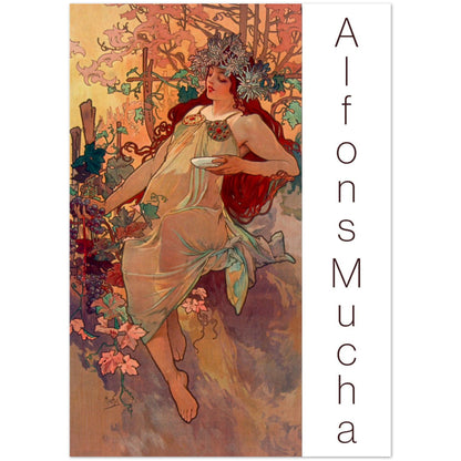 Carte de vœux L'Automne par Alphonse Mucha. Reproduction de l'œuvre L'Automne d'Alphonse Mucha sur une carte de vœux, illustrant une femme couronnée de fleurs dans un décor végétal aux tons automnaux.