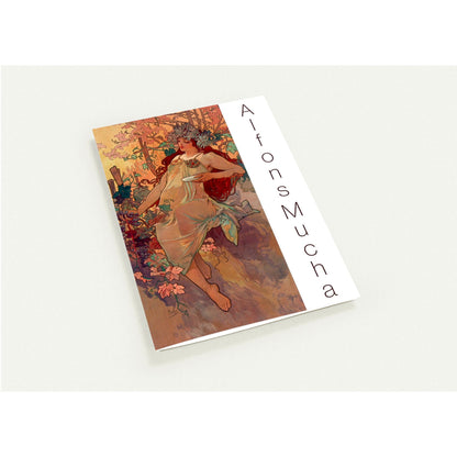 Carte de vœux L'Automne par Alphonse Mucha (Aucune). Reproduction de l'œuvre L'Automne d'Alphonse Mucha sur une carte de vœux, illustrant une femme couronnée de fleurs dans un décor végétal aux tons automnaux.