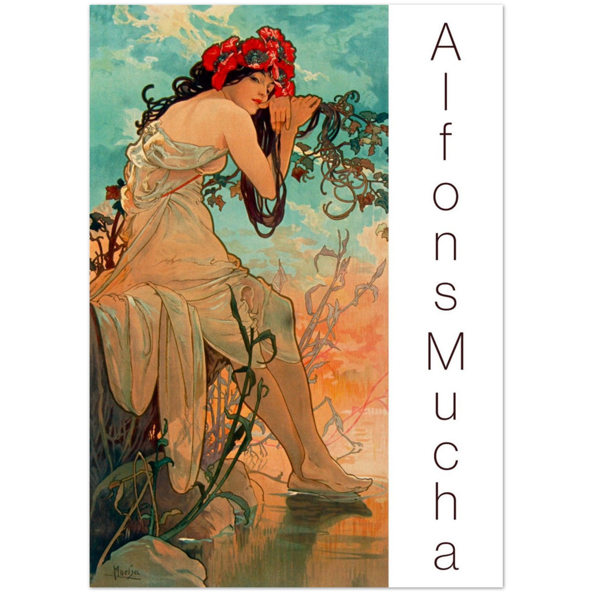 Carte de vœux L'Été par Alphonse Mucha. Reproduction de l'œuvre L'Été d'Alphonse Mucha sur une carte de vœux, représentant une femme aux cheveux longs couronnée de fleurs rouges, assise près de l'eau.
