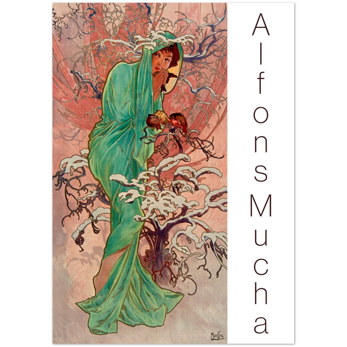 Winter Greeting Card by Alphonse Mucha. Reproduction of Alphonse Mucha's artwork Winter presented on a greeting card, featuring a woman draped in green fabric within a snowy landscape.