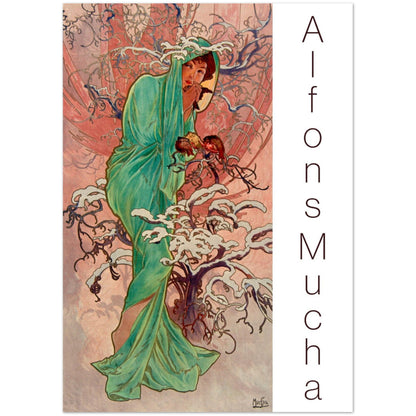 Winter Greeting Card by Alphonse Mucha. Reproduction of Alphonse Mucha's artwork Winter presented on a greeting card, featuring a woman draped in green fabric within a snowy landscape.