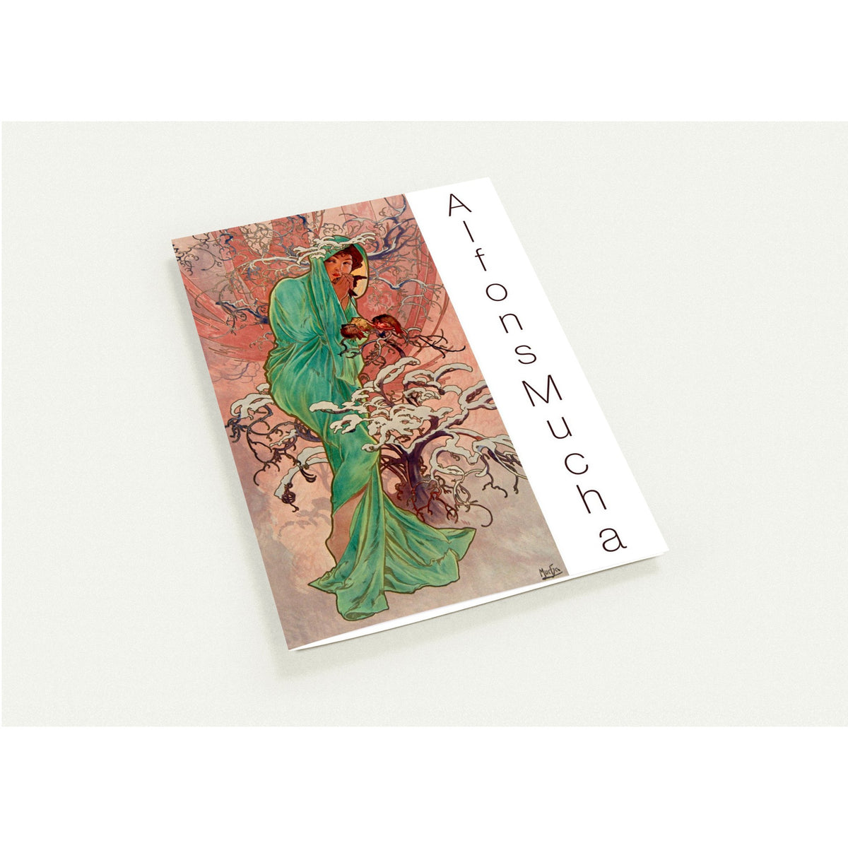 Winter Greeting Card by Alphonse Mucha (Aucune). Reproduction of Alphonse Mucha's artwork Winter presented on a greeting card, featuring a woman draped in green fabric within a snowy landscape.